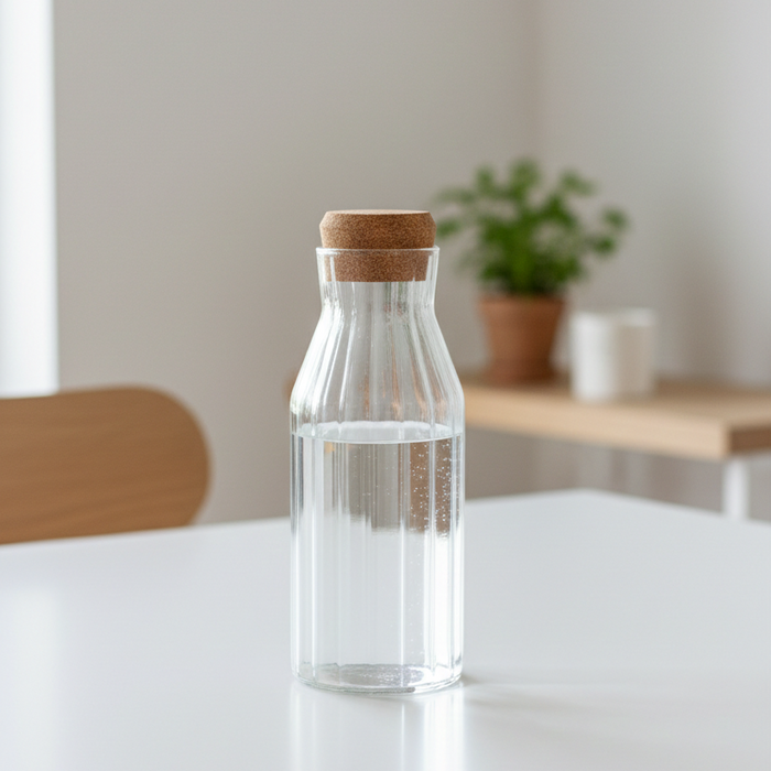 Ribbed glass cork bottle  clear storage jar for water juice and kitchen display