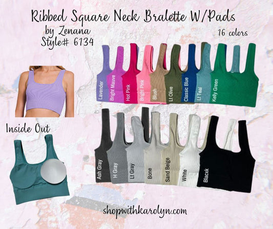 Ribbed Square Neck Bralette w/ pads Brami Crop Top by Zenana 6134