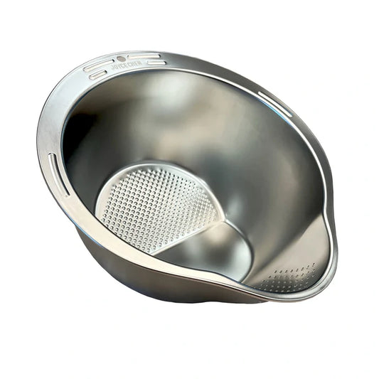Stainless steel colander on a white background