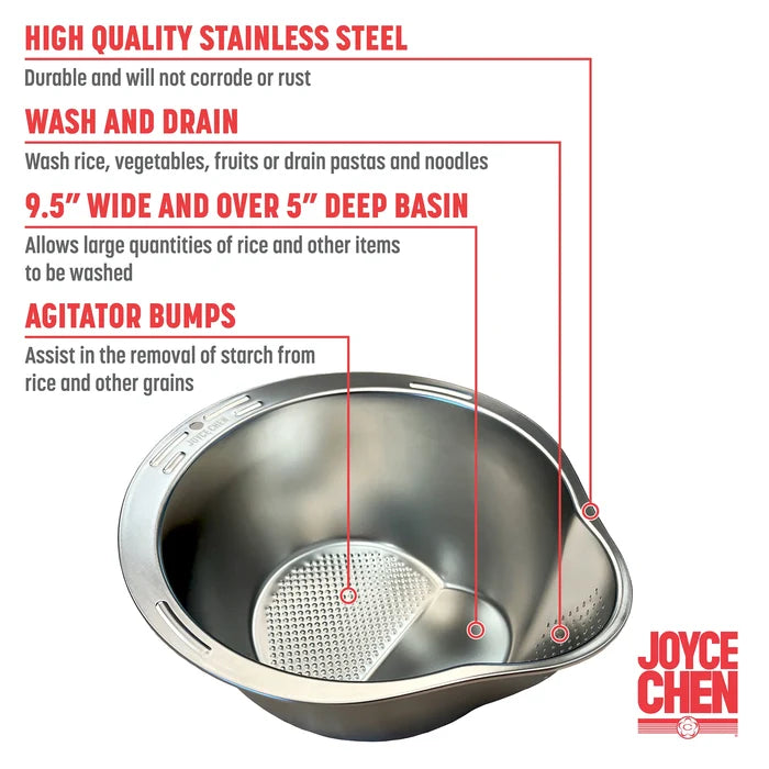 Stainless steel basin with features highlighted on a white background, featuring the brand 'Joyce Chen'.