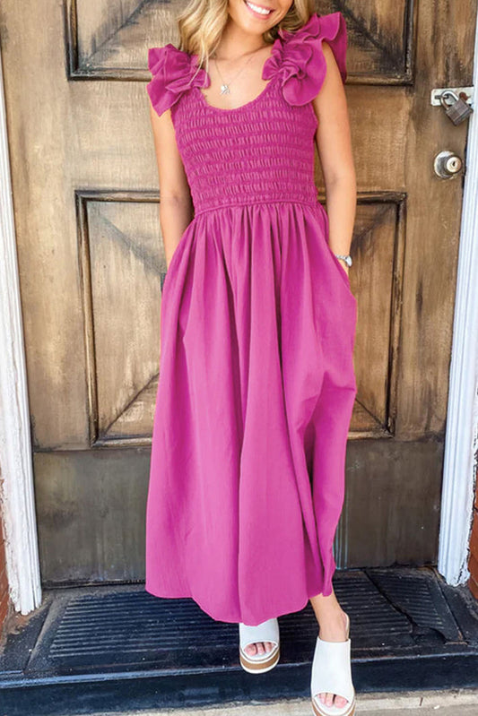 Rose Red Solid Colour Ruffled Straps Smocked Ruched Maxi Dress - ROSE RED / S / 100% POLYESTER - Dresses/Maxi Dresses