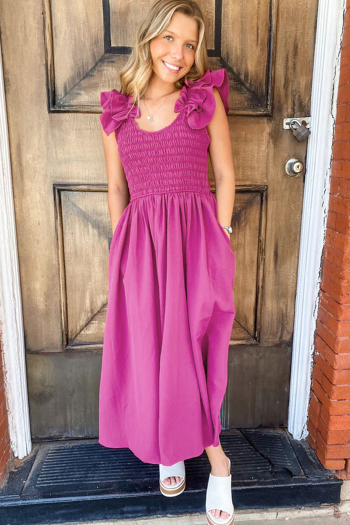 Rose Red Solid Colour Ruffled Straps Smocked Ruched Maxi Dress - Dresses/Maxi Dresses