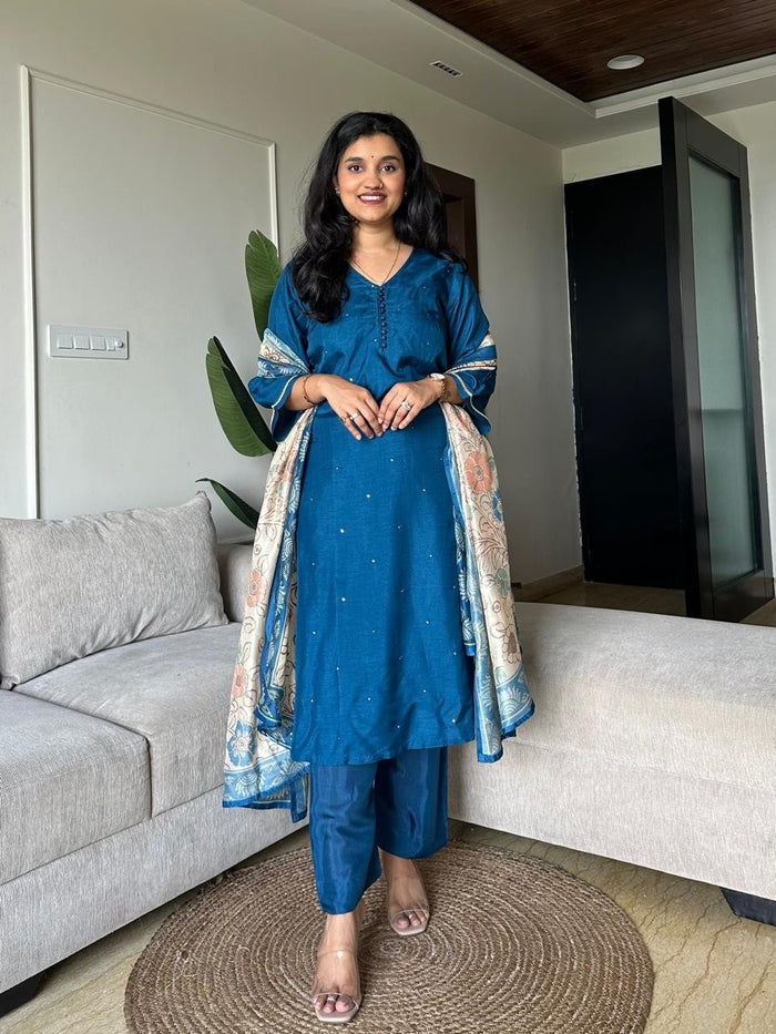 Ruhaana Mul Chanderi Luxe Set- Electric Blue