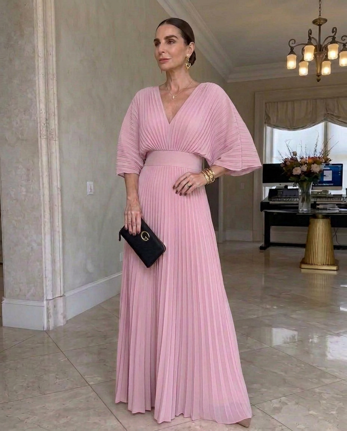Rynavelle - Robe longue femme plissée élégante à col V fluide