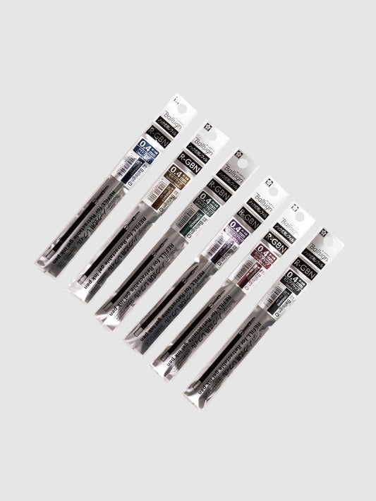 Sakura Ballsign iD Gel Ink Refill, 0.4 mm, Cloth and Paper. All six colors of refills in their packaging, lined up next to each other, turned slightly to the right against a neutral background.
