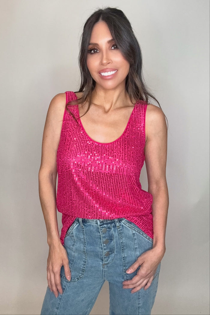 Style the Scoop Neck Sleeveless Sequin Tank Top exclusively at Born To Glam