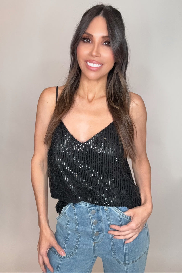 Style the Sequin V-Neck Adjustable Strap Camisole Top exclusively at Born To Glam