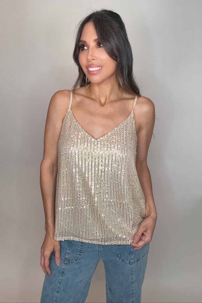 Style the Sequin V-Neck Adjustable Strap Camisole Top exclusively at Born To Glam