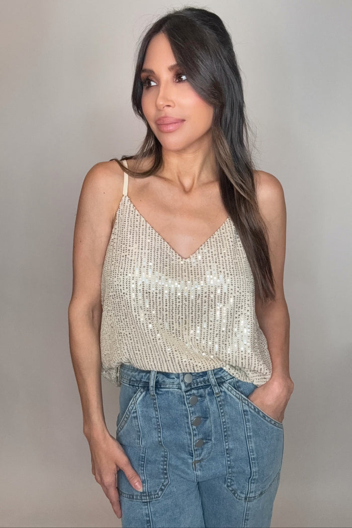 Style the Sequin V-Neck Adjustable Strap Camisole Top exclusively at Born To Glam