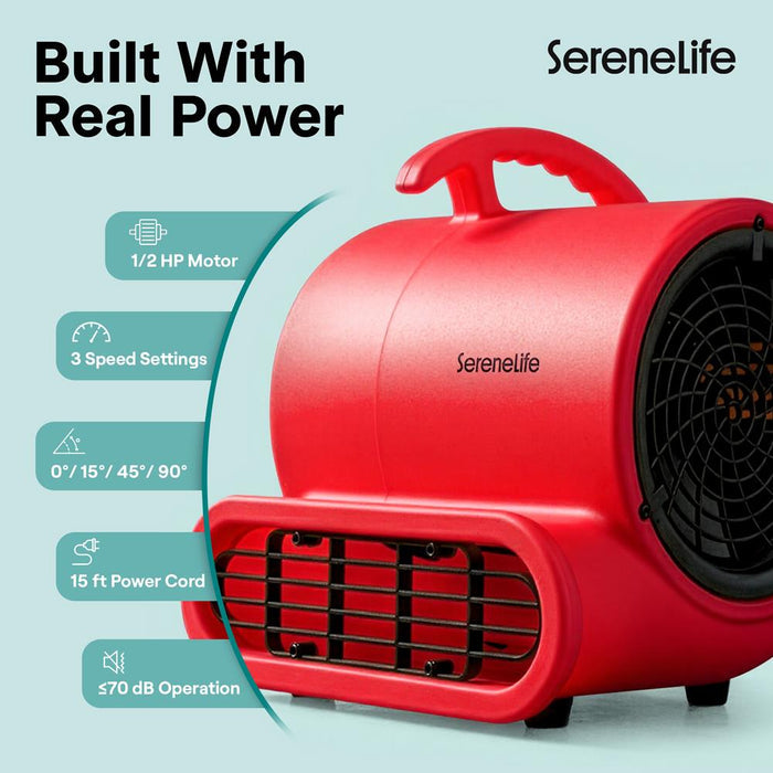 Serenelife Air Mover – High-Speed Blower Fan With 3 Speeds, Adjustable Angle, And Durable Design For Drying, Ventilation, And Air Circulation In Homes, Garages, And Worksites (Red)
