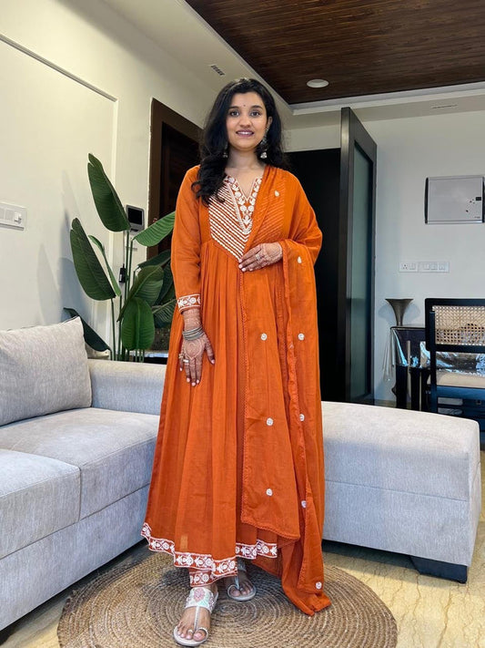 Shayla Embroidered Mulmul Anarkali Set- Orange