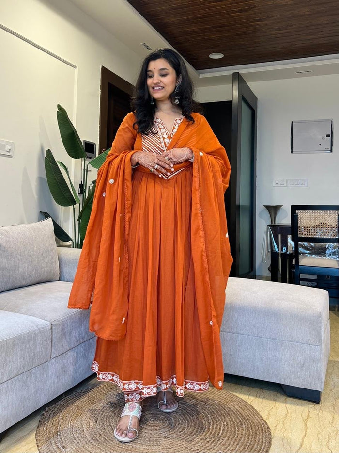 Shayla Embroidered Mulmul Anarkali Set- Orange