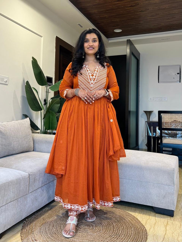 Shayla Embroidered Mulmul Anarkali Set- Orange