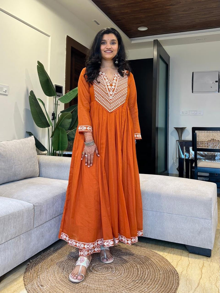 Shayla Embroidered Mulmul Anarkali Set- Orange