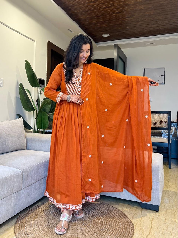 Shayla Embroidered Mulmul Anarkali Set- Orange