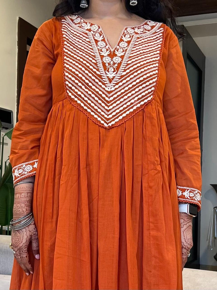 Shayla Embroidered Mulmul Anarkali Set- Orange