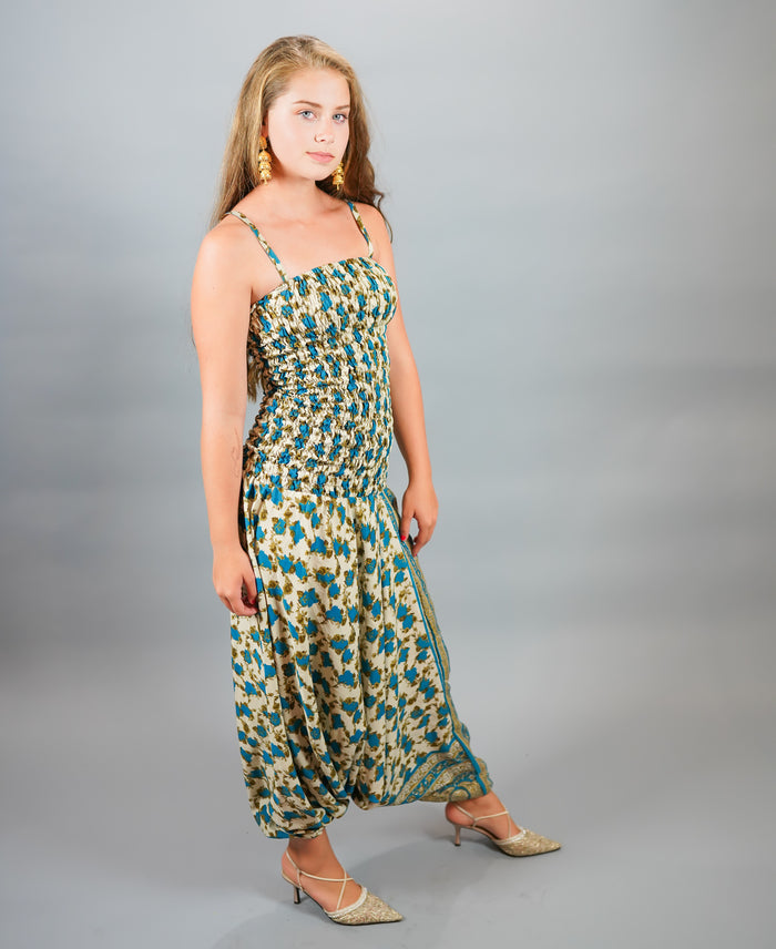 Silk Block Printed Floral Sark Olympic Blue Jumpsuit