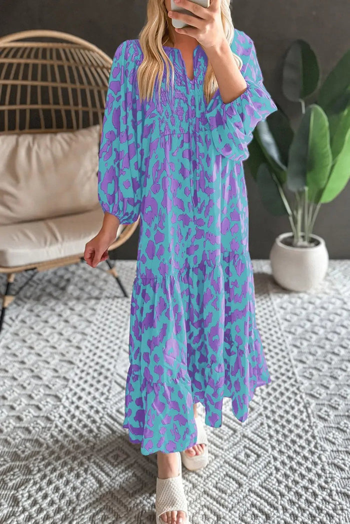 Shop Sky Blue Abstract Print Puff Sleeve Tied Notched Neck Long Dress at eAura