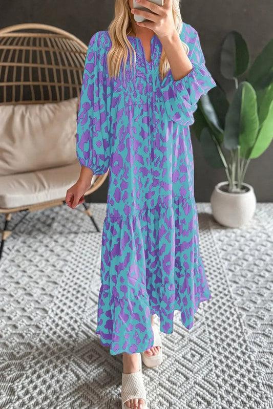 Shop Sky Blue Abstract Print Puff Sleeve Tied Notched Neck Long Dress at eAura