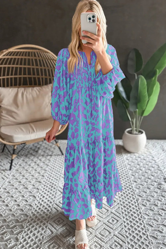 Shop Sky Blue Abstract Print Puff Sleeve Tied Notched Neck Long Dress at eAura