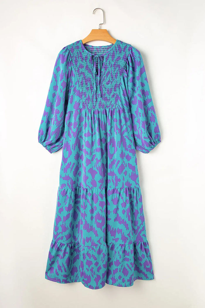 Shop Sky Blue Abstract Print Puff Sleeve Tied Notched Neck Long Dress at eAura