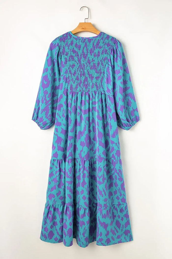 Shop Sky Blue Abstract Print Puff Sleeve Tied Notched Neck Long Dress at eAura