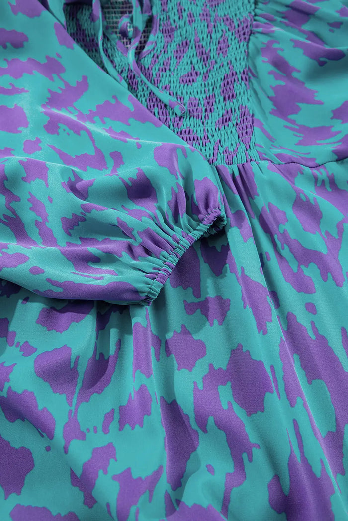 Shop Sky Blue Abstract Print Puff Sleeve Tied Notched Neck Long Dress at eAura