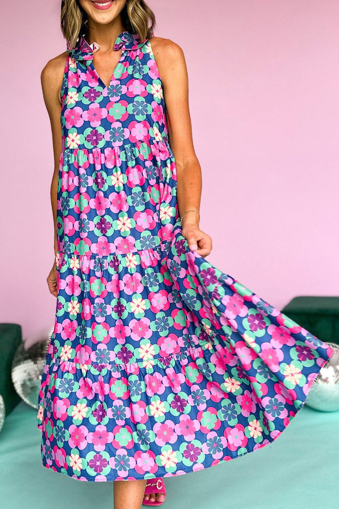 Sky Blue Floral Print Frilly Neck Sleeveless Tiered Maxi Dress - Dresses/Maxi Dresses