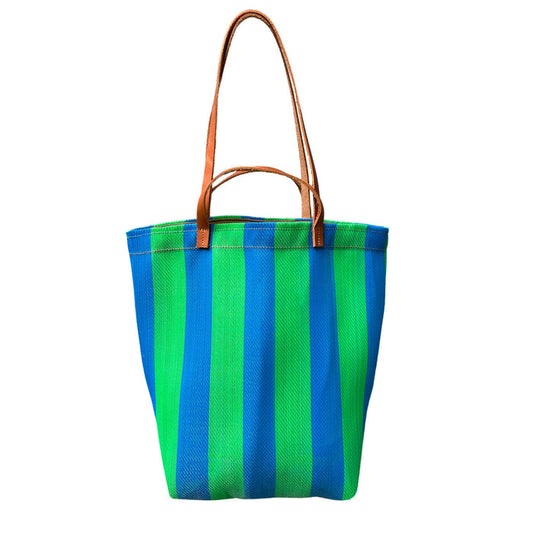 Small Recycled Plastic Market Tote Bag in Green and Blue