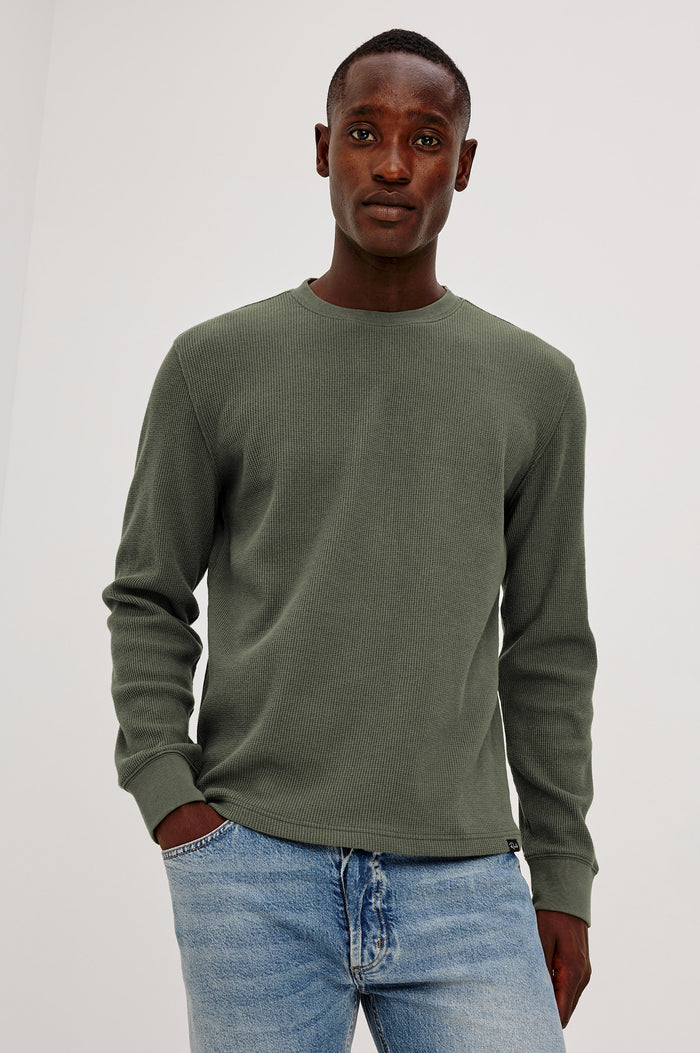 Smith Thermal in Micro-Waflle Cotton Knit With Ribbed Crew Neckline and Cuffs, and Long Sleeves in Pine Needle Colorway - Upper Body Front View Featured on Model