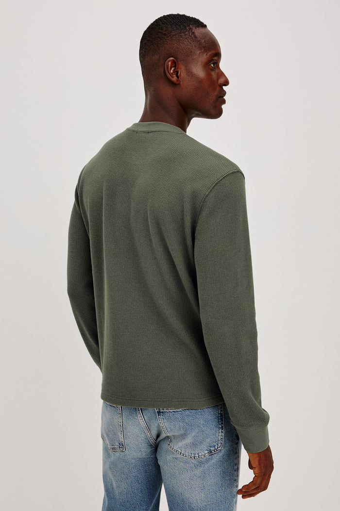 Smith Thermal in Micro-Waflle Cotton Knit With Ribbed Crew Neckline and Cuffs, and Long Sleeves in Pine Needle Colorway - Upper Body Back View Featured on Model