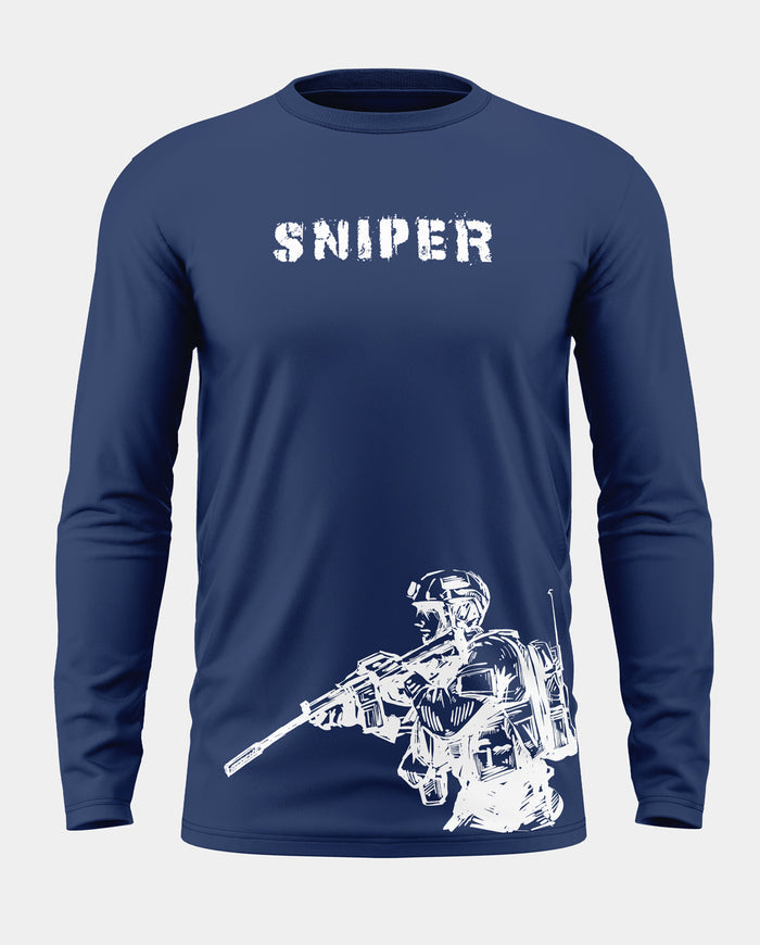 Navy blue full sleeve t-shirt with SNIPER text and soldier graphic print for men