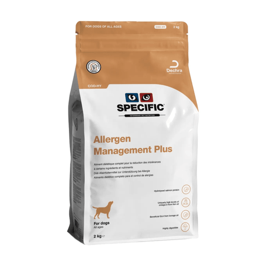 A 2kg bag of Specific Allergen Management Plus dog food, featuring a white and brown packaging design with the Specific brand logo and a dog icon, set against a plain white background.