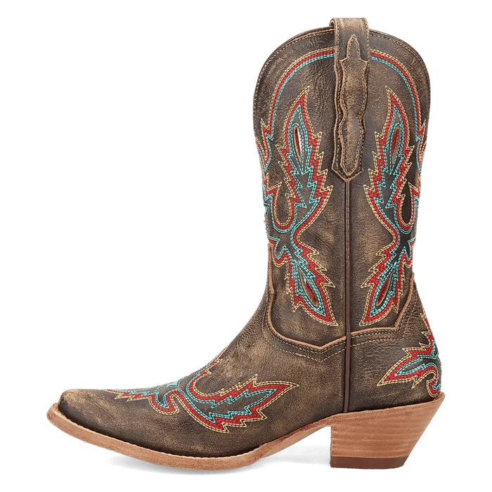 Distressed leather cowboy boot with turquoise & red stitching.