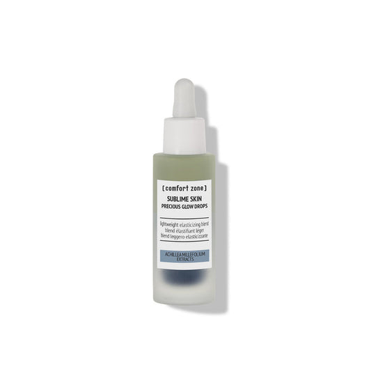 Sublime Skin Precious Glow Drops | [ comfort zone ] in a frosted glass bottle with a dropper, designed for skincare to enhance radiance and elasticity.