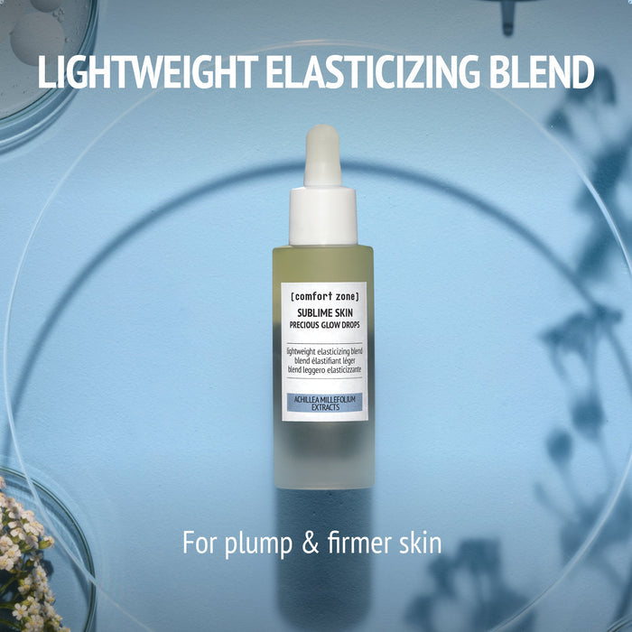 Bottle of Sublime Skin Precious Glow Drops | [ comfort zone ] skincare product on a blue background with text highlighting its lightweight elasticizing blend for plump and firmer skin.