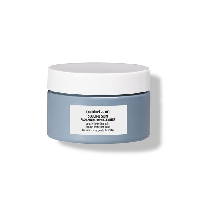 Container of Sublime Skin Pro Skin Barrier Cleanser | [ comfort zone ] gentle cleansing balm in a muted blue jar with a white lid, skincare product for sensitive skin care routines.