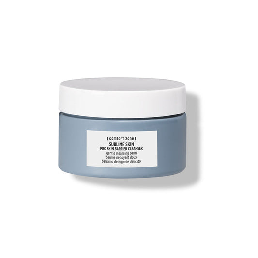 Container of Sublime Skin Pro Skin Barrier Cleanser | [ comfort zone ] gentle cleansing balm in a muted blue jar with a white lid, skincare product for sensitive skin care routines.