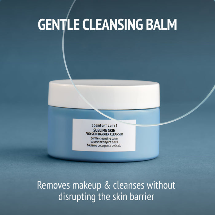 Sublime Skin Pro Skin Barrier Cleanser | [ comfort zone ] in a blue jar with white lid, gentle cleansing balm that removes makeup and cleanses without disrupting the skin barrier.