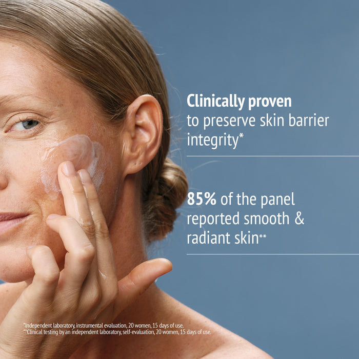 Woman applying cleanser to her face with text highlighting that Sublime Skin Pro Skin Barrier Cleanser | [ comfort zone ] is clinically proven to preserve skin barrier integrity and 85% of users reported smoother, radiant skin.