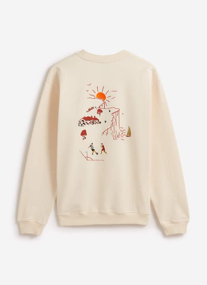 Back view of the cream Percival x Brighton & Hove Albion F.C. sweatshirt, featuring a large scenic Brighton embroidery.