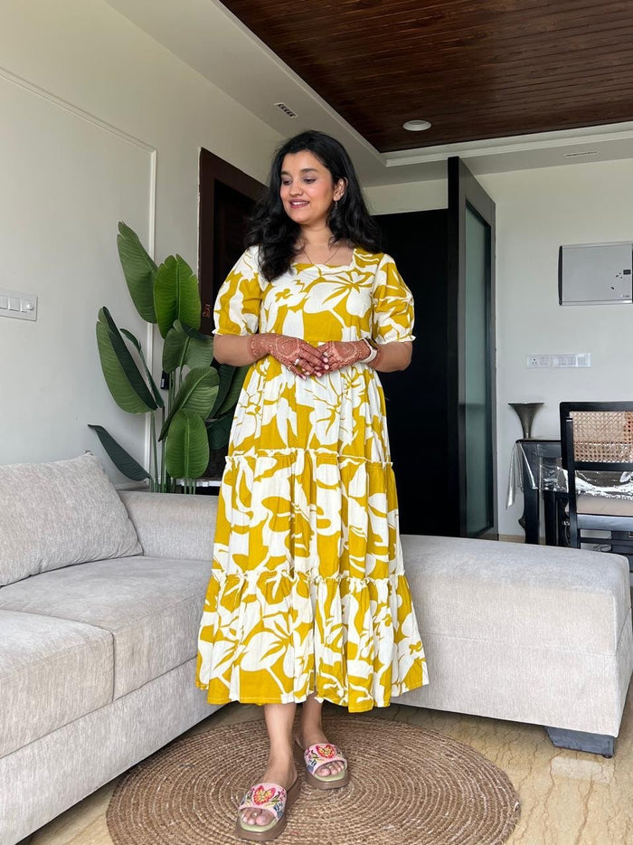 Tanvi Tiered Maxi Dress- Mustard Florals