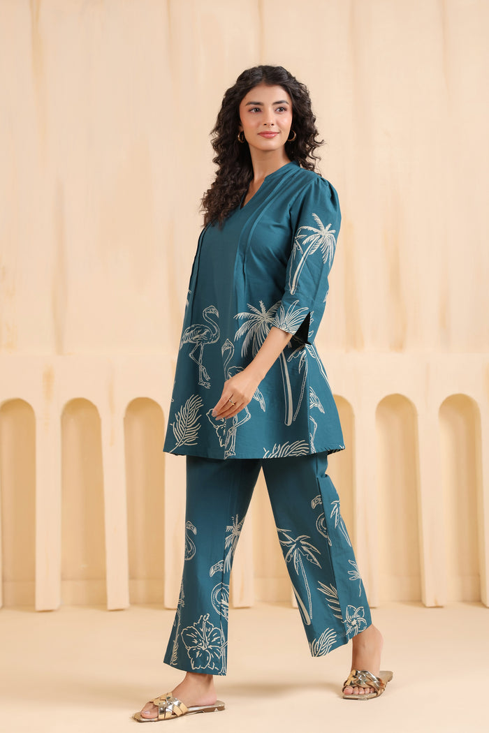 Teal Flamingo Printed Cotton Co-ord Set