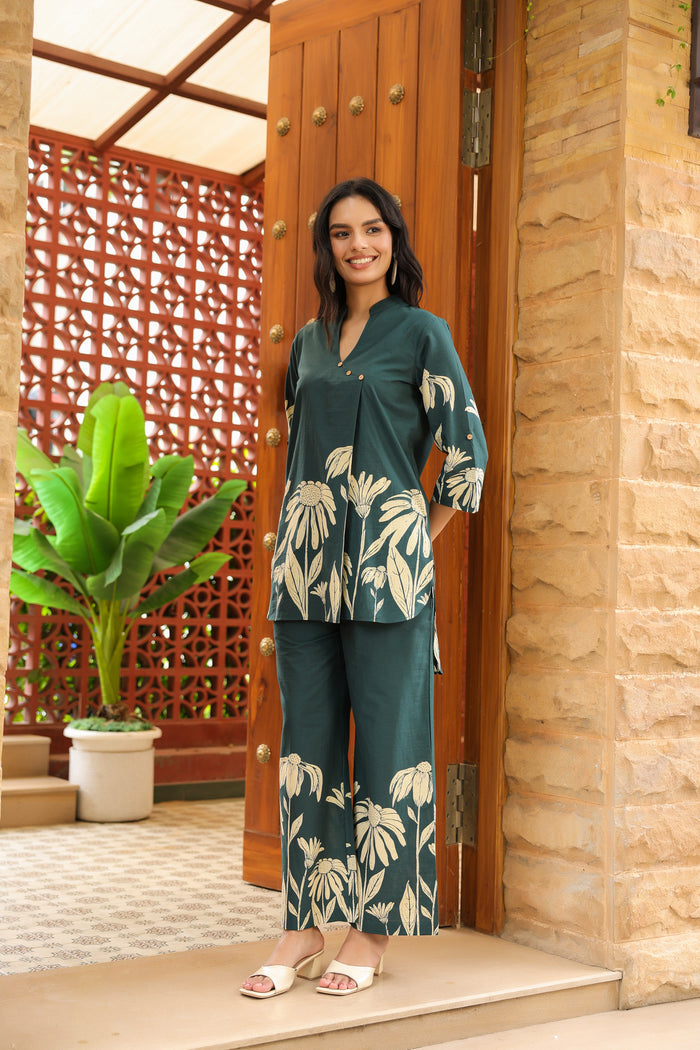 Teal Green Floral Printed Cotton Co-ord Set
