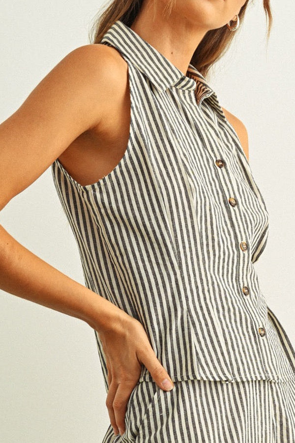 Teresa Striped Pattern Collared Sleeveless Top