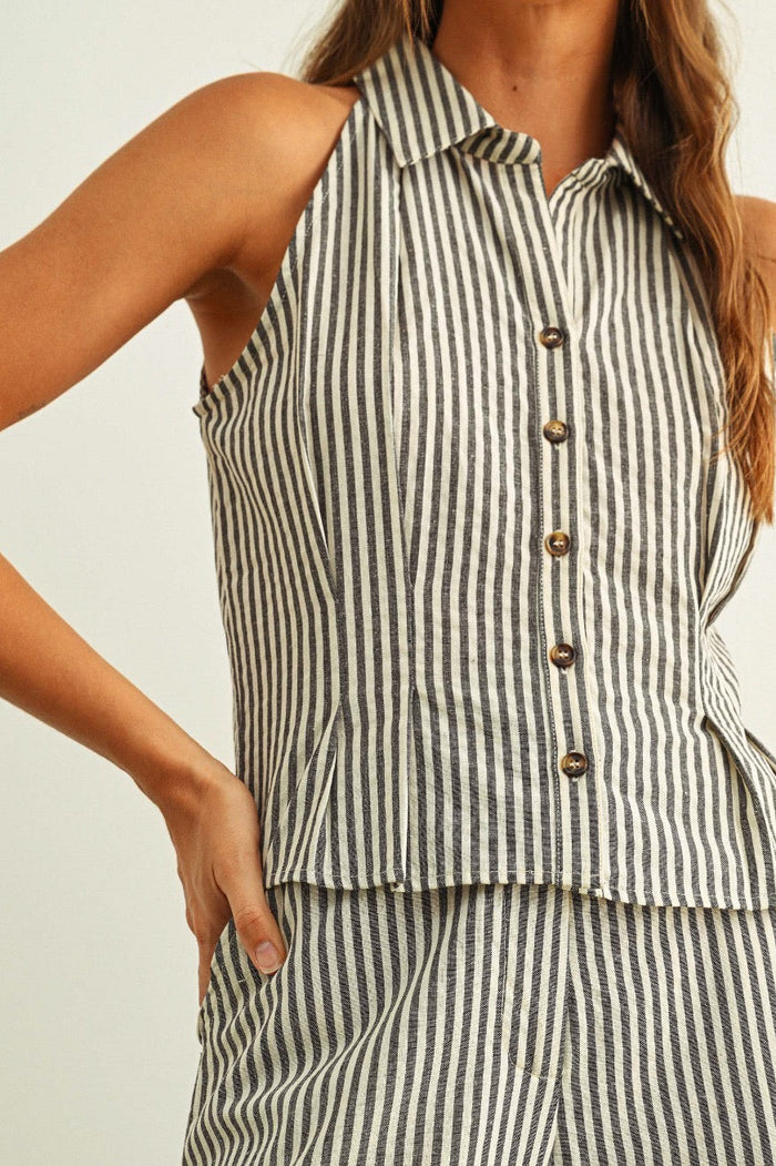 Teresa Striped Pattern Collared Sleeveless Top