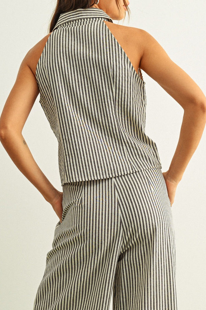 Teresa Striped Pattern Collared Sleeveless Top