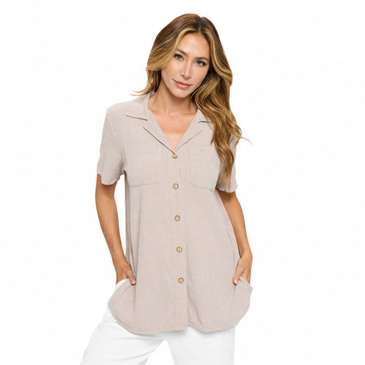 Textured Button-Front Tunic Shirt in Flax - CG209-FLX