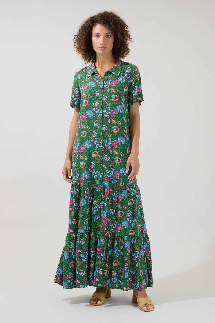 Tobie Belted Button Down Maxi Dress Botanical