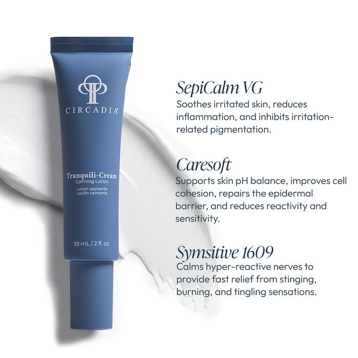 Tranquili-Cream | Circadia in a blue tube displayed alongside text detailing SepiCalm VG, Caresoft, and Symsitive 1609 ingredients that soothe, protect, and calm irritated skin.